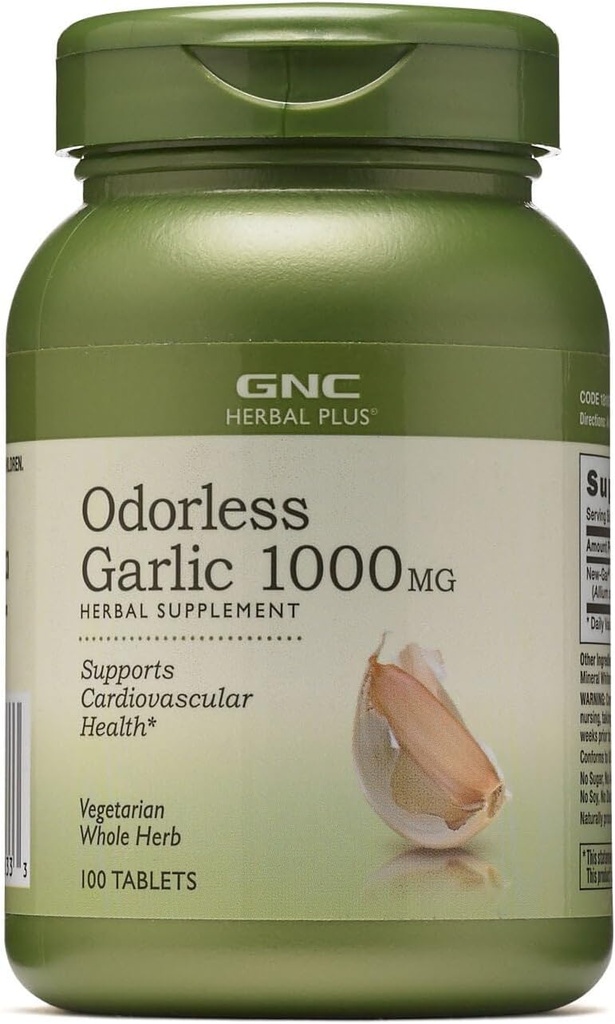 GNC Herbal Plus Odorless Garlic 1000mg Supplement, Vegetarian, Supports Cardiovascular Health, 100 Servings