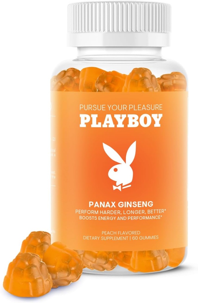 Playboy – Ginseng Gummies (60 Kont - Peach Flavored) - Harder, Longer, Better - Panax Clooney Erkekler ve Kadınlar için Gummy -% 100 Natural, Vegan Non GMO Macintosh Root 6:1 Extract