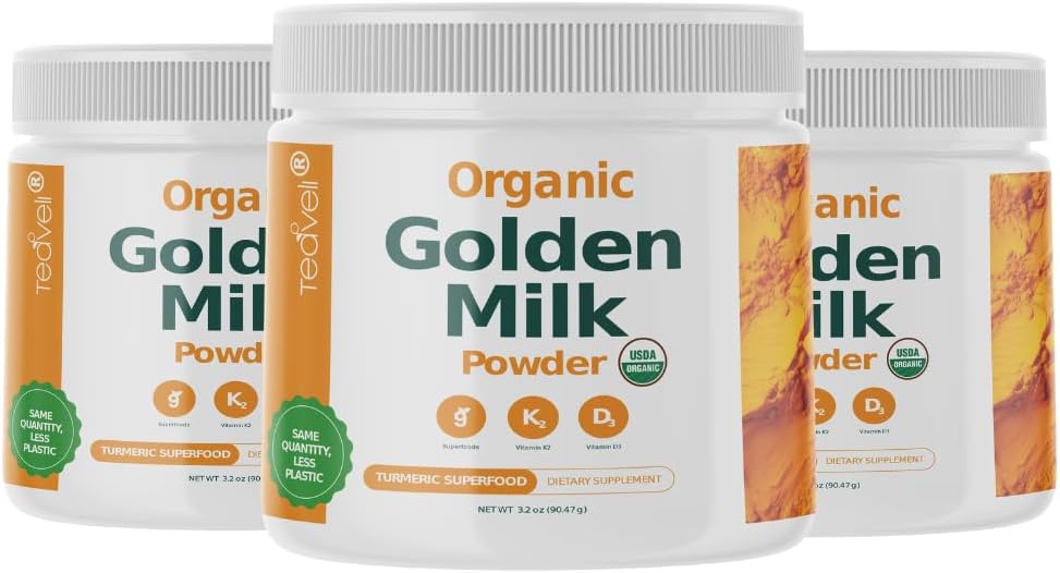 Organik Altın Süt Tozu D3 & K2, Turmeric, Ginger, Curcumin, Cinnamon, KSM66 Ashwagandha, Holy Basil & Natural Prebiyotiks- Unsweetened Turmeric Tea Latte - 3 Pack
