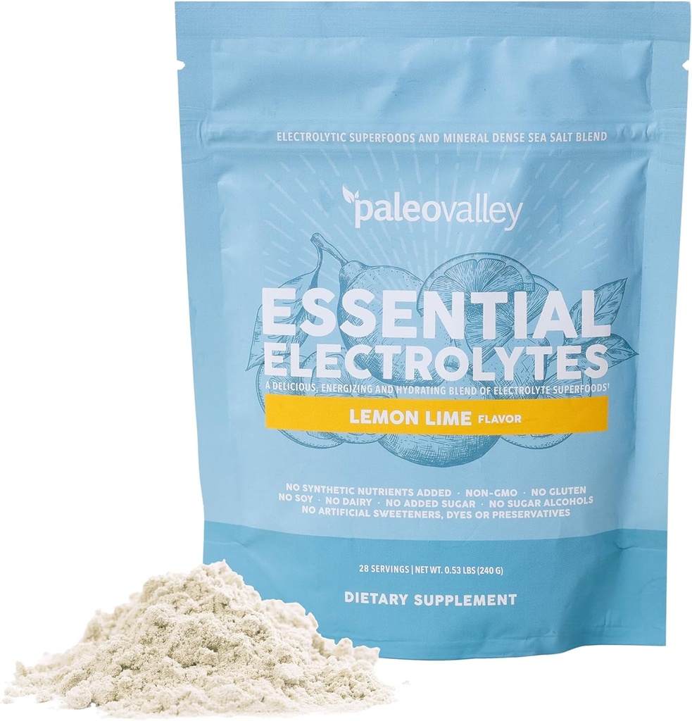 Paleovalley Essential Electrolytes Powder - Full Spectrum Lemon Lime Electrolyte Powder for Hydration, Energy and Muscle Recovery - No Sugar Added - 28 Σερβιέτες