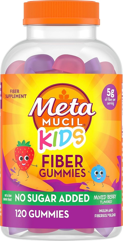 Metamucil Kids Fiber Gummies, Χωρίς ζάχαρη Προστέθηκε, 5g Prebiotic Plant-based Fiber Supplement Blend, Mixed Berry Γεύση, 120ct Gummies