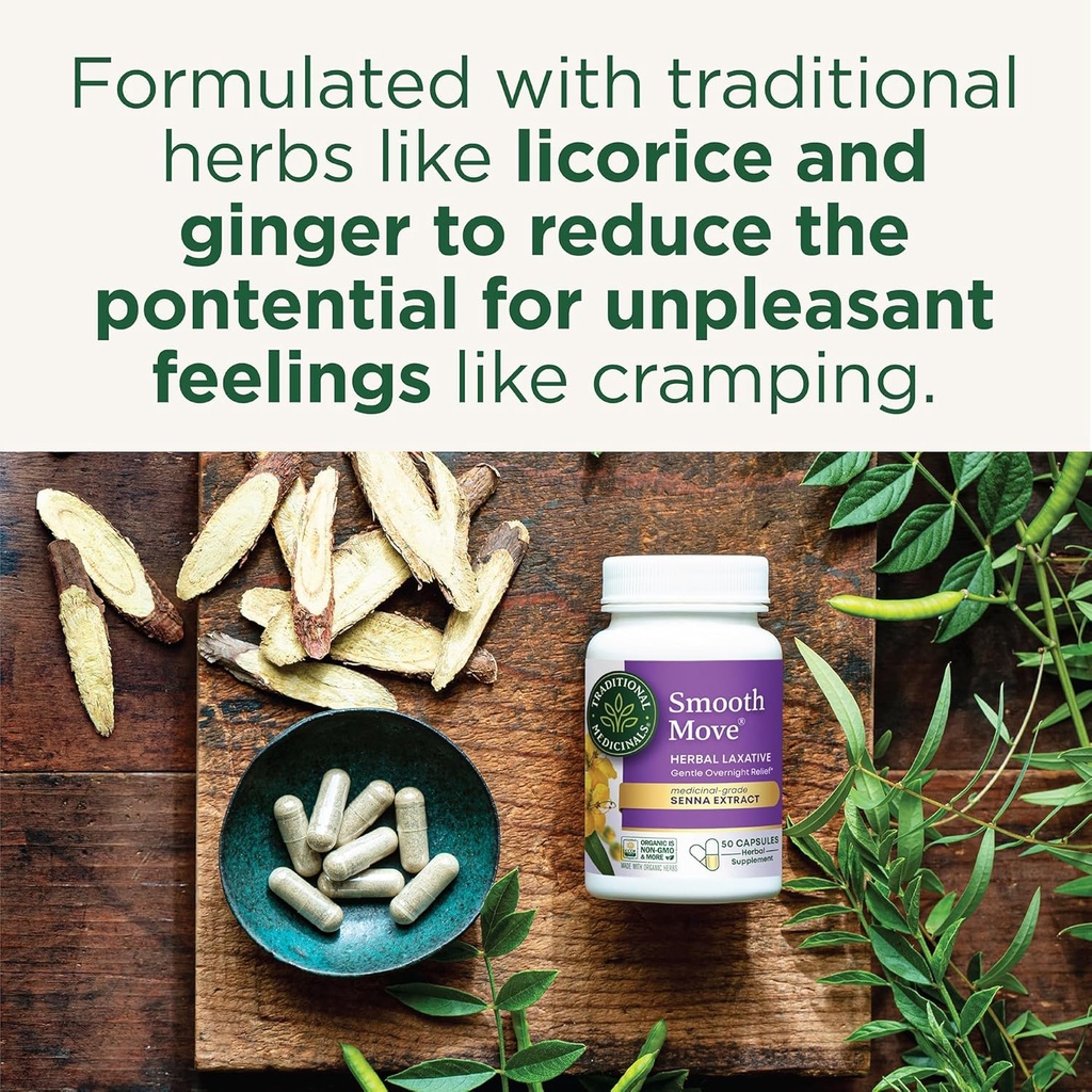 Geleneksel Medicinals Smooth Move Senna Laxative Capsules, Natural Herbal Constipation Relief, 50 Capsules (Pack of 2)