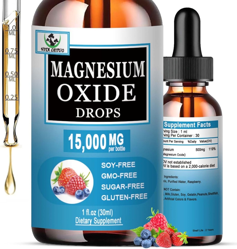 Magnezyum Oksit 500 mg, Uyku için sıvı Supplement, Nerve, Kalp Sağlığı, Kas & Stres Yardımı, Yetişkinler ve Çocuklar için Yüksek Azimler, Gluten Ücretsiz, GMO, Vegan