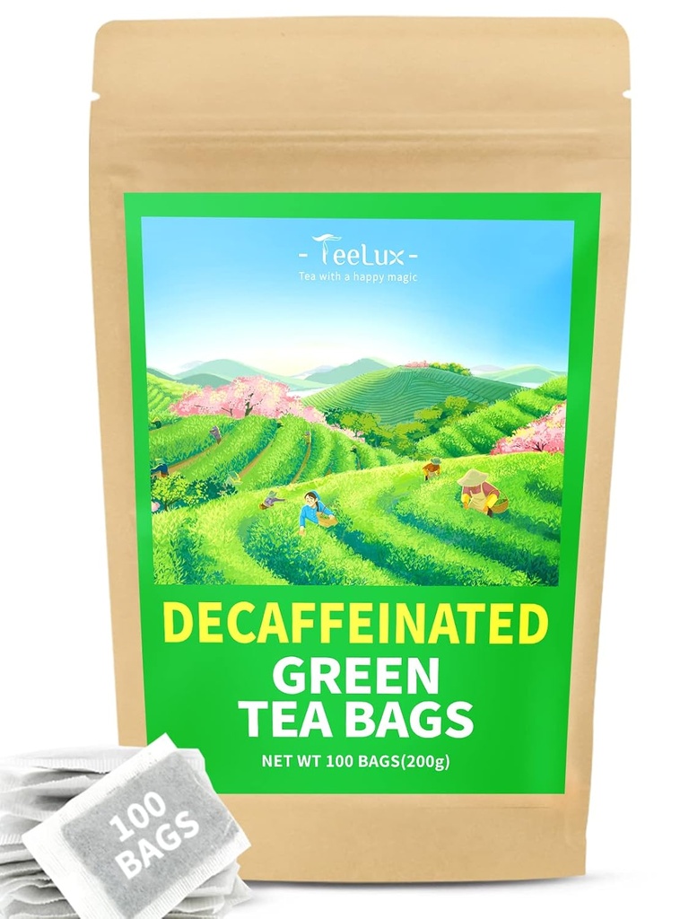 TeeLux Decaf Yeşil Çay Çanta, Pure Decaffeinated Green Tea, Super Antioxy, 100 Kont Tea Bag for Hot & Iced Tea Bag