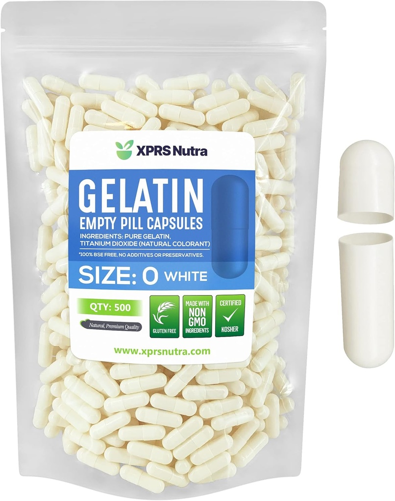 XPRS Nutra Boyutu 0 Boş Kapsüller - 500 Kont Boş Gelatin Capsules - Pills DIY Capsule - Pure Bovine Pill Gel Caps For Do-It- Yourself Supplements (Beyaz)