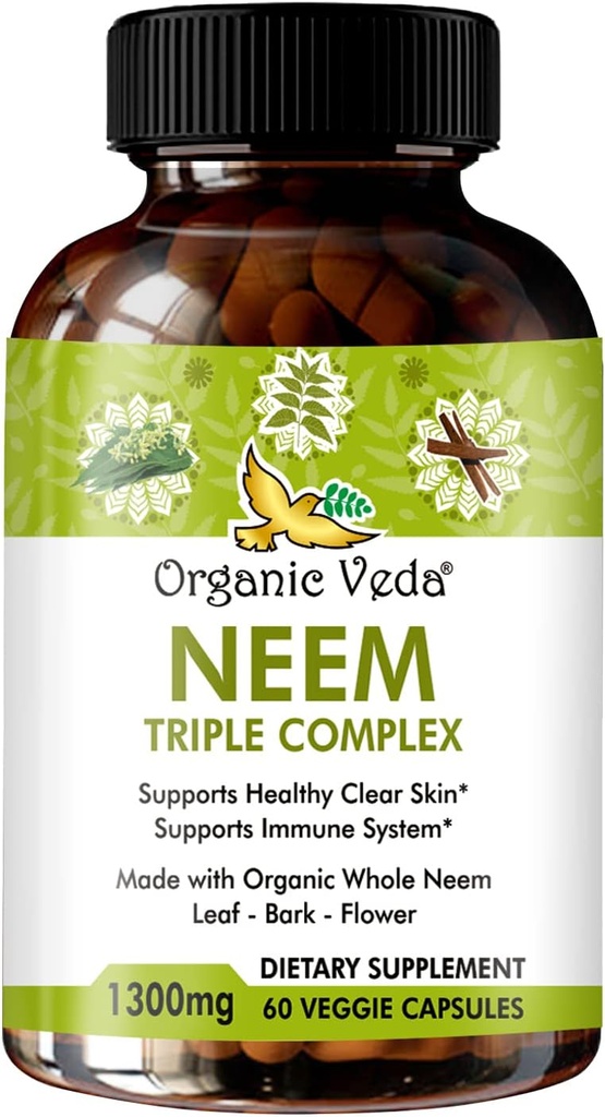 Βιολογικές κάψουλες Veda Neem με τριπλό σύμπλεγμα Neem Leaf Extract, Bark & Flower - φυτικό συμπλήρωμα ενισχύει την ανοσία, βελτιώνει την πέψη, την υγεία του δέρματος και την υποστήριξη καθαρισμού - 60 Count