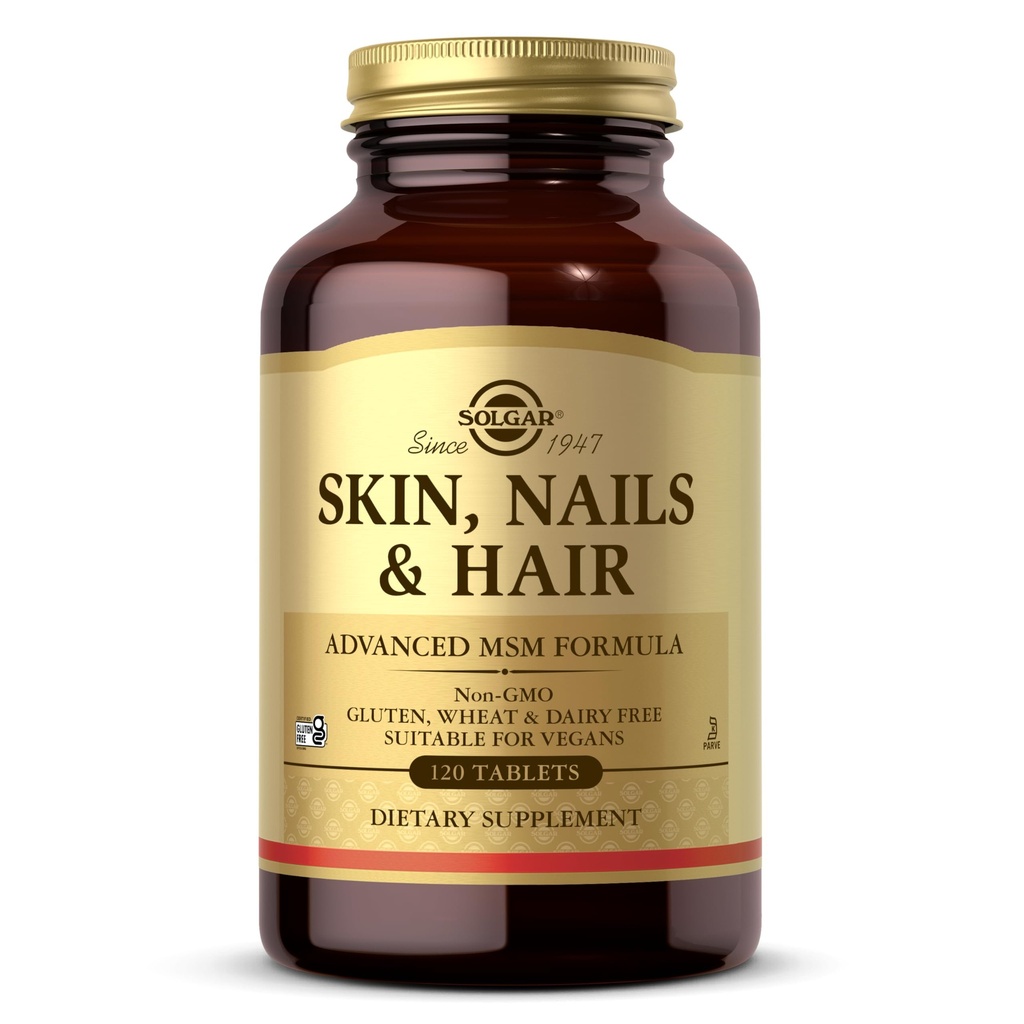 Solgar Skin, Nails & Hair, Advanced MSM Formula, 120 Tablets - Υποστηρίζει κολλαγόνο για την υγεία των μαλλιών, των νυχιών και του δέρματος - παρέχει ψευδάργυρο, βιταμίνη C & χαλκού - μη GMO, Vegan, Gluten & Dairy Free - 60 σερβιέτες, Standard Συσκευασία, 120 Count