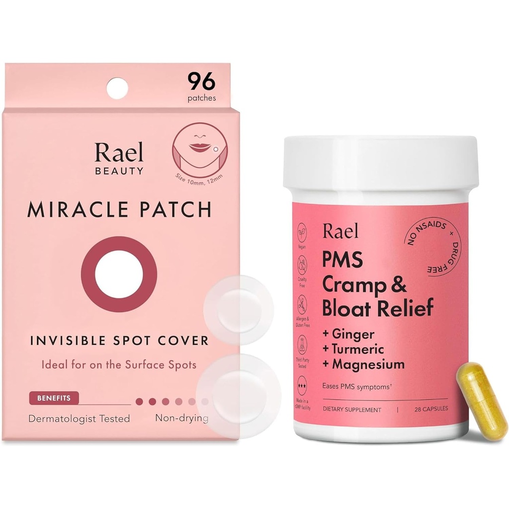 Rael Bundle - Invisible Spot Cover Pimple Patches (96 Count) & PMS Supplement for Women (28 Capsules)