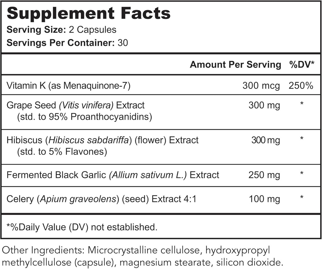 Vaso Calm - Healthy Blood Balance Supplement - Χαρακτηριστικά Ζυμωμένο σκόρδο, σέλινο και σταφύλι εκχύλισμα σπόρων, ιβίσκος, και βιταμίνη K2 - Made in The USA