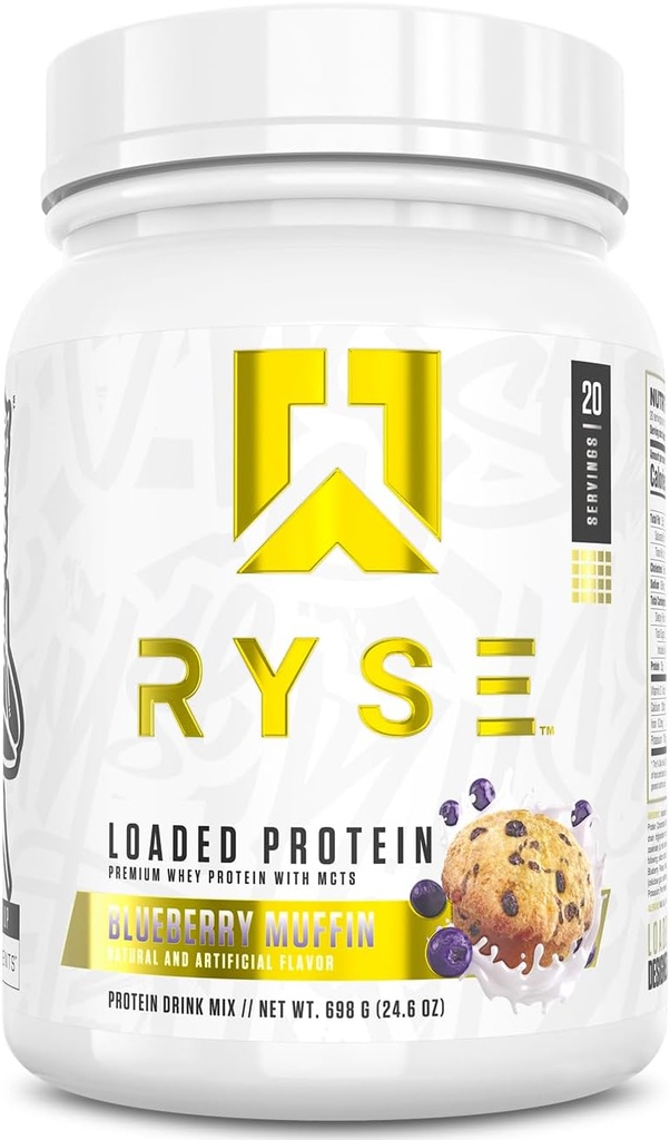 RYSE Loaded Protein Powder - Blueberry Muffin - 25g Whey Protein Isolate & Concent with Prebiotic Fiber & MCTs - Χαμηλό υδατάνθρακες, χαμηλή ζάχαρη, Digestive-Friendly - 20 Σερβιέτες / 1,5 lb Tub