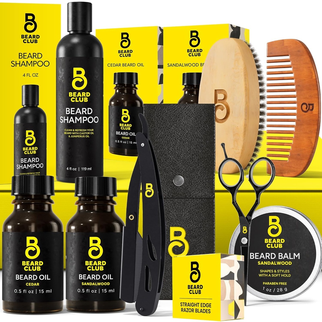 The Beard Club Premium Beard Kit for Men - Grooming & Care Kit - Cedar & Sandalwood Oil, Sandalwood Balm, Shampoo, Brush, Comb, Trimming Ψαλίδι, Straight Edge Razor - Σύνολο δώρων