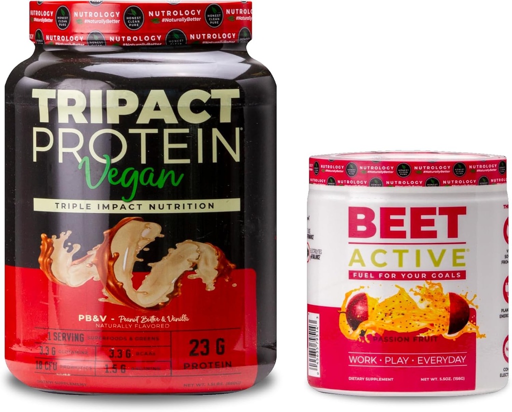 Nutrology TRIPACT Vegan Protein Powder, για Vegan Protein Shakes, Pinut Butter Vanilla (20 μερίδες) & Beet Active, Natural Pre-Workout Powder, Passion Fruit Flavor (30 μερίδες)