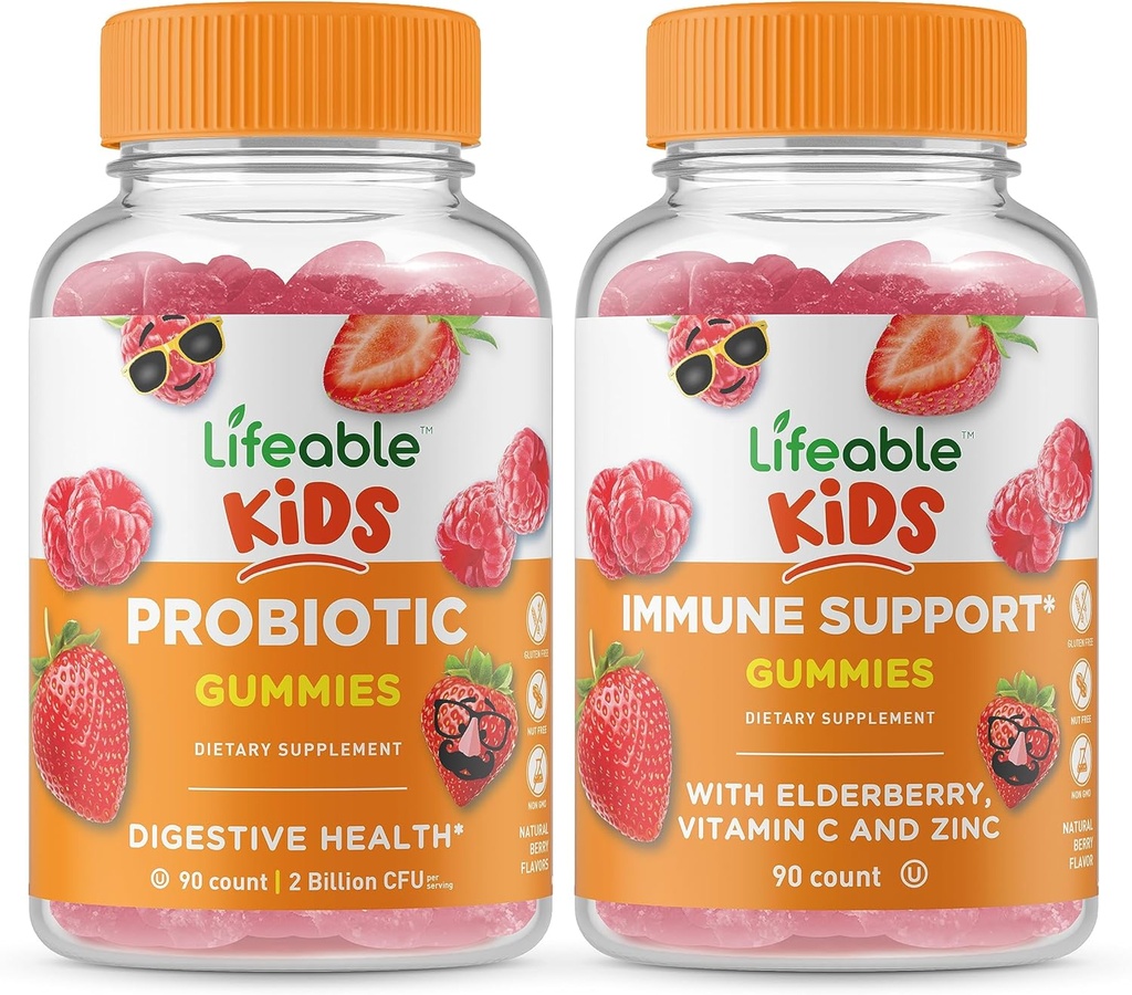 Lifeable Probiyotik 2 Milyar CFU Kids + Immune Support Kids, Gummies Sche - Great Tasting, Vitamin Supplement, Gluten Free, GMO Free, Chewable Gummy