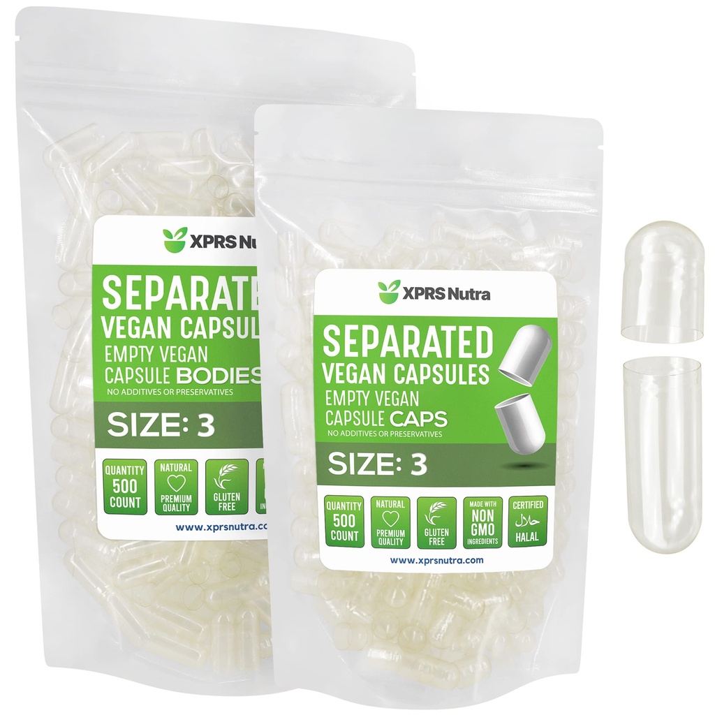 XPRS Nutra Vegan Μέγεθος 3 Ξεχωριστά κάψουλες- 500 Count Premium Empty Caps Χωρίζονται σε τσάντες - Καθαρίστε τις κενές κάψουλες - Χάπια για συμπλήρωμα DIY πλήρωσης