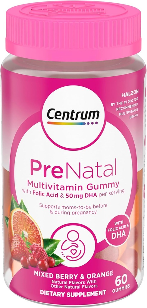 Centrum Prenatal Multivitamin Gummies with DHA and Folic Acid, Karma Berry ve Orange Flavors - 60 Kont, 30 Day Supply