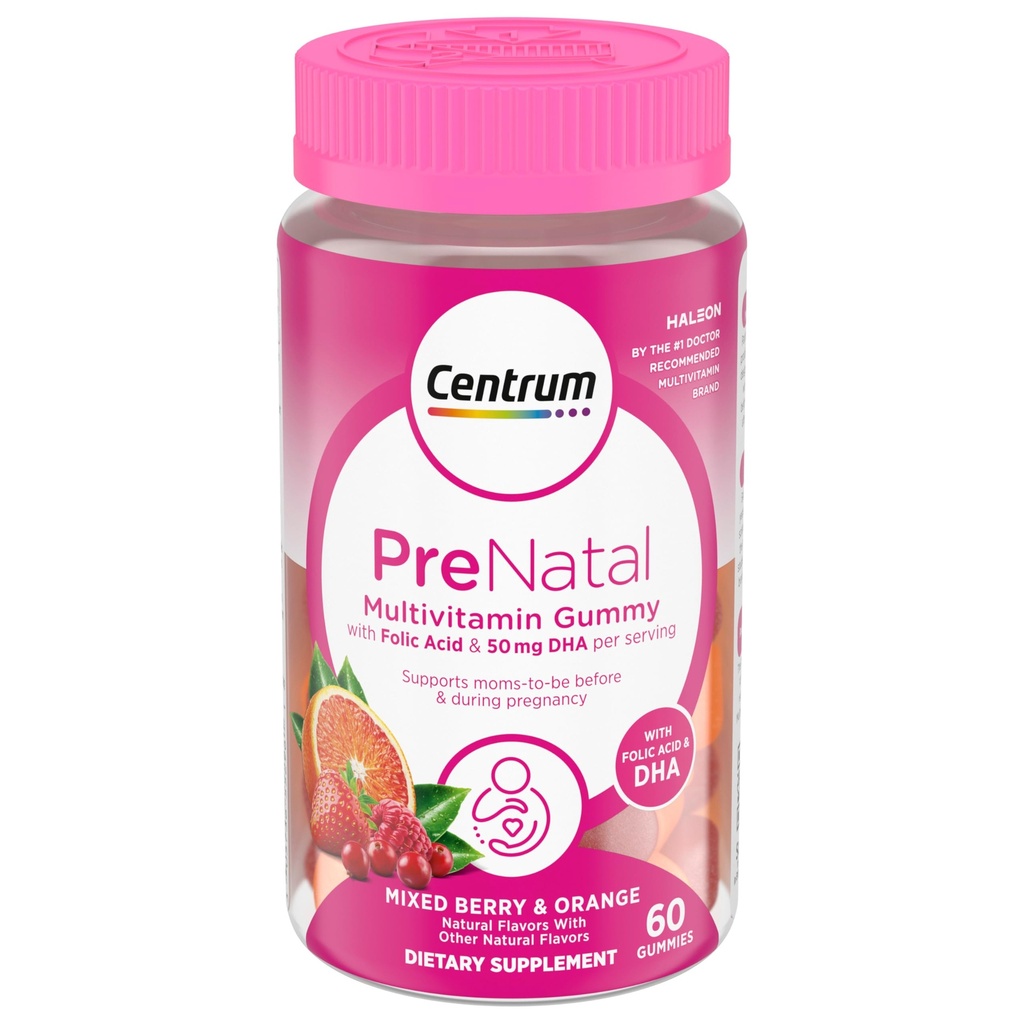Centrum Prenatal Multivitamin Gummies with DHA and Folic Acid, Karma Berry ve Orange Flavors - 60 Kont, 30 Day Supply