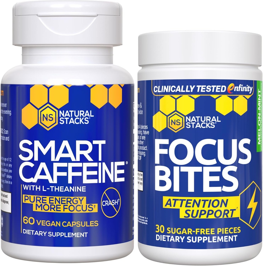 ΦΥΣΙΚΑ STACKS Smart Caffeine + Focus Bites Bundle - Caffeine & Paraxanthine Συμπληρώματα - Υποστηρίζει Ενέργεια & Εστίαση* - Δεν Jitters ή Crash - 90 κομμάτια