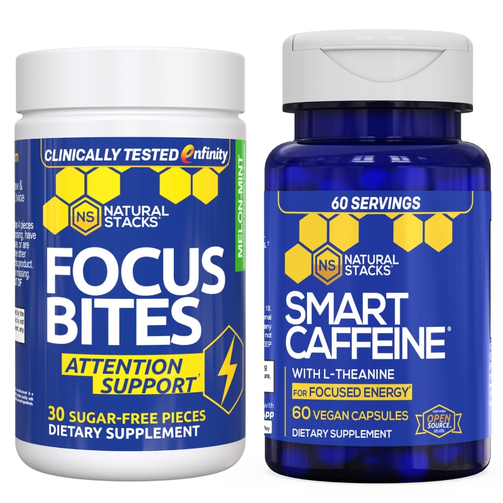 NATURAL STACKS Smart Caffeine + Focus Bites Sche - Caffeine & Paraxanthine Supplements - Supports Energy & Focus* - No Jitters or Crash - 90 Pieces