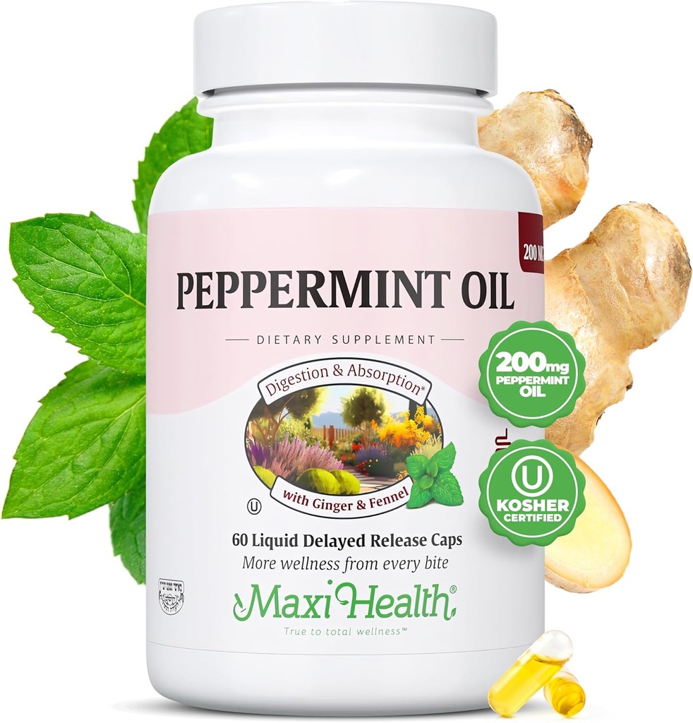 Maxi Health Peppermint Oil Κάψουλες – Βιολογικό έλαιο τζίντζερ & μάραθο Καθυστερημένη Αποδέσμευση Κάψουλα – Κατάποση Διαιτητικό Kosher Peppermint συμπλήρωμα για την υποστήριξη Digestive (60 κάψουλες)