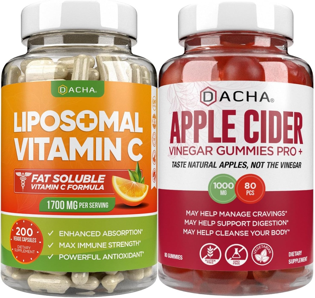 Ultimate Immune Boost Bundle - Liposomal Vitamin C & Apple Cider Vinegar Gummies, Detox και Cleanse, Υποστήριξη απώλειας βάρους ACV με τη μητέρα, Στομαχικό Φιλικό, Υψηλή Απορροή Potency Ascorbyl Palmitate