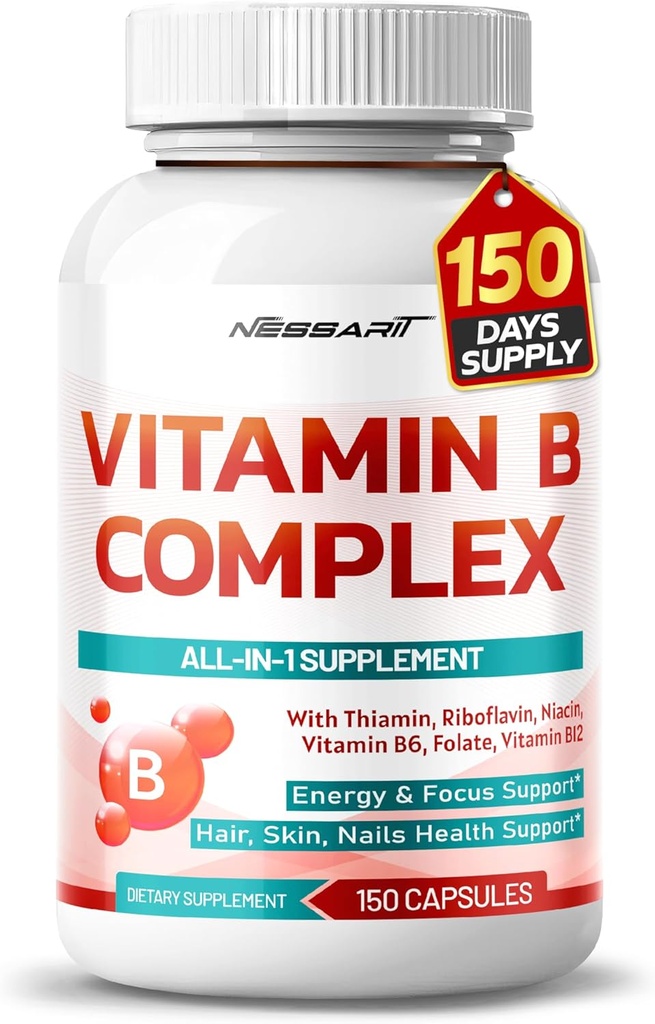 B Kompleks - Thiamin, Riboflavin, Niacin Vitamin B6, Folate, B12 -Energy, Focus, Hair, Skin, Nails Desteği - 150 Kont - ABD'de Yapılan ve Test Edilmiş
