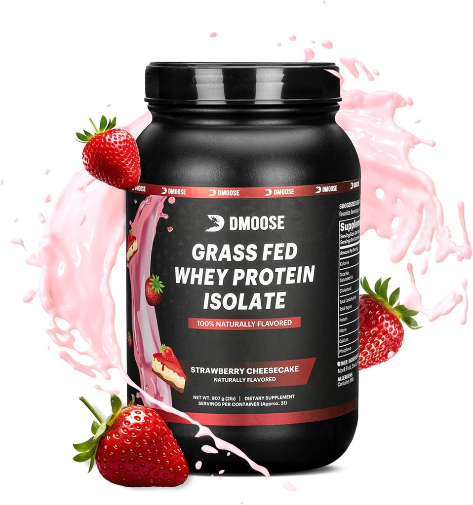 DMoose Grass Fed Whey Protein Tozu - Kas Büyüme ve Kurtarma için, Doğal olarak Tatlandırılmış ve Flavored, Zengin Amino Asits, Hızlı Absorbing Performans Formula (2 Lbs, Strawberry)