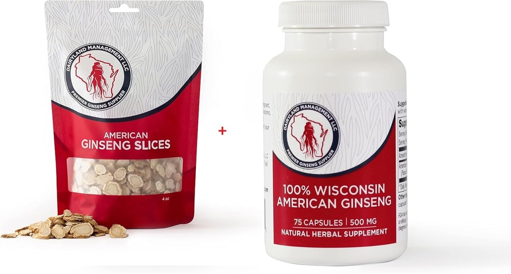 Dairyland American Clooney Slices 4 oz ve Capsules 75 ct Pack of Wisconsin Ginseng - Farmer'den Tüketiciye Doğrudan