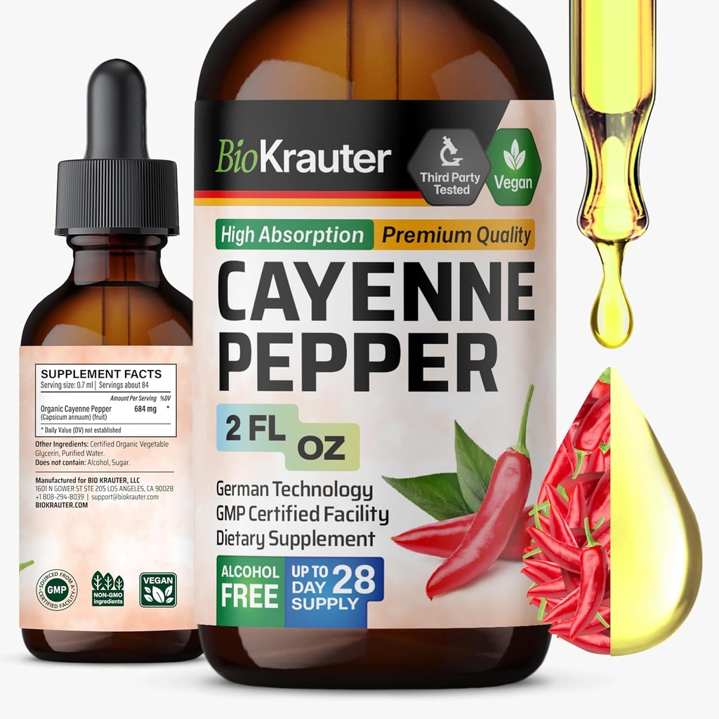 BIO KRAUTER® Cayenne Pepper Drops 684 mg - Pure Vegan Cayenne Pepper Supplements 2 Fl.Oz 28 Günlük Tedarik - Doğal Capsaicins for Digestive Support - Alkol & Sugar Free, Non-GMOMO