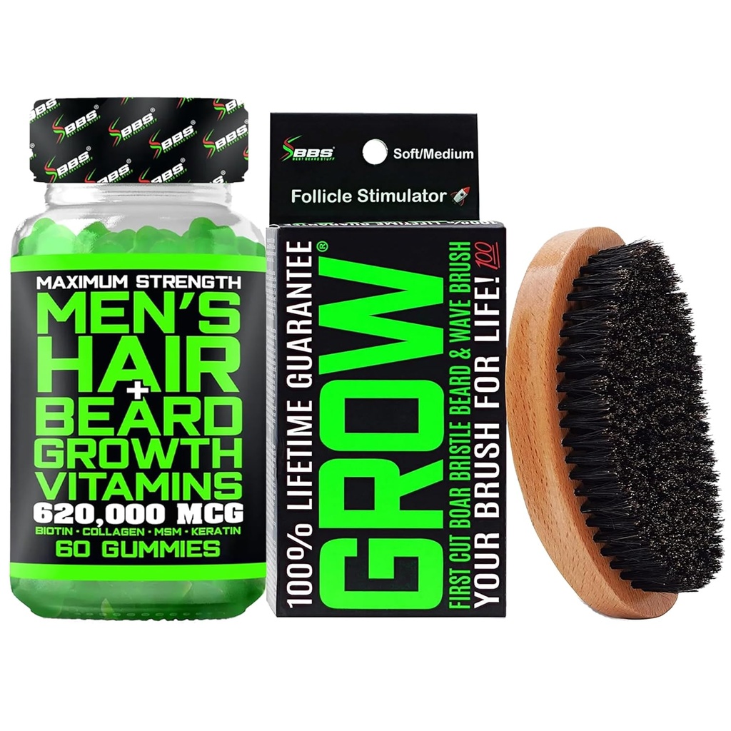 Ayıd Büyüme Kit w / 6 20.00006 14-in-1 BIOTIN Gummies / Beard Büyüme Vitaminleri ve Saç Büyümesi Erkekler için Yaş Vitaminleri +% 100 LifetimeChange First Cut Boar Bristle Rotor & 360 Wave Rotor for Men