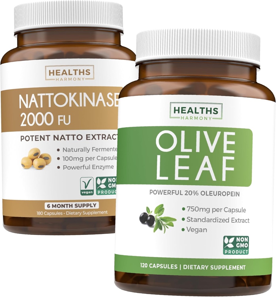 Nattokinase & Olive Leaf (6-Month Supply) Flow & Wellness Mix - Nattokinase 2000 FU Güçlü Doğal Fermented Soybeans (6-Month Supply) & Olive Leaf Super Strength% 20 Ol Europeinininase