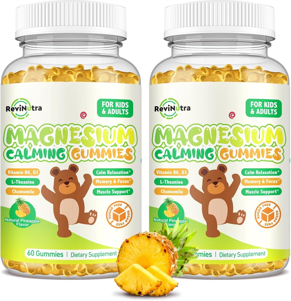 Çocuklar için Magnezyum Gummies - Magnezyum Glycinate Gummies Supplement with L-Theanine, Vitamin B6, D3 for Yetişkinler & Çocuklar, Calm Magnezyum for Sleep, Relaxation, Brain,Bones,Sugar Free Pineapple 120ct