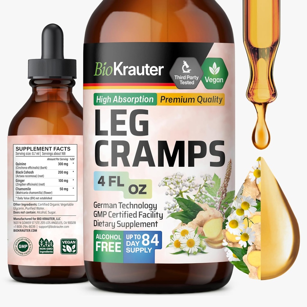 BIO KRAUTER Leg Cramps Tincture with Quinine - Ginger & Chamomile Liquid Extracts for Leg Cramps - Natural Alkol & Sugar Free Formula - Vegan Drops 4 Fl.Oz.
