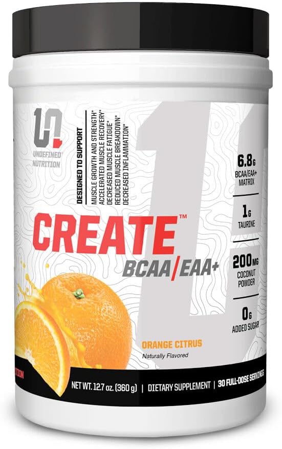 Απροσδιόριστη διατροφή Δημιουργήστε BCAA/EAA+ από Brian Shaw -Ανάκτηση και αντοχή των μυών, 6,8g BCAA/EAA Matrix -Full Spectrum BCAA + Essential Amino Acids συμπλήρωμα – 30 εξυπηρετούν (127 oz, Orange Citrus)