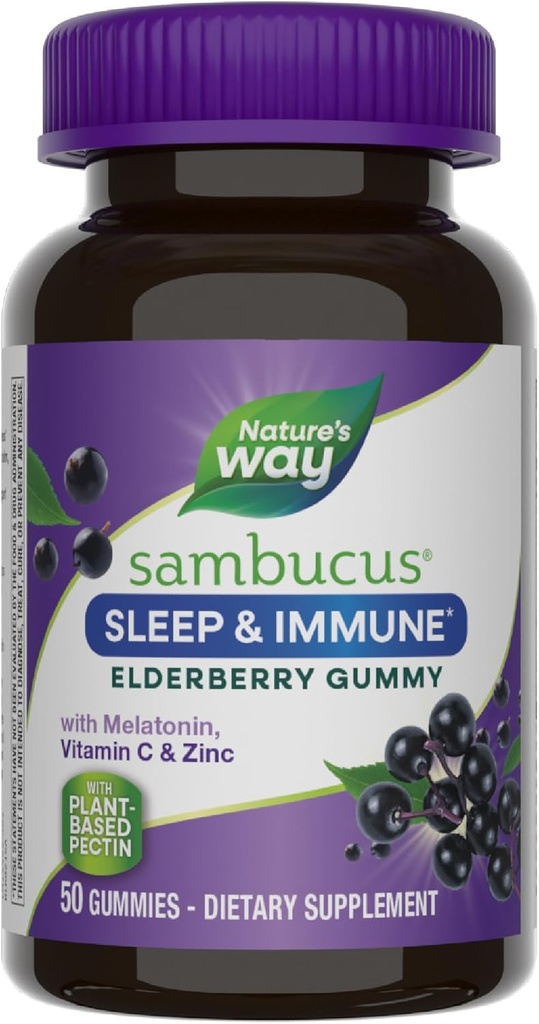 Nature's Way Sambucus Sleep + Immune* Elder Gummies, Sleep and Immune Support*, With Melatonin, Vitamin C, L-Theanine, çinko, 50 Gummies (Pazar Mayıs Vary)