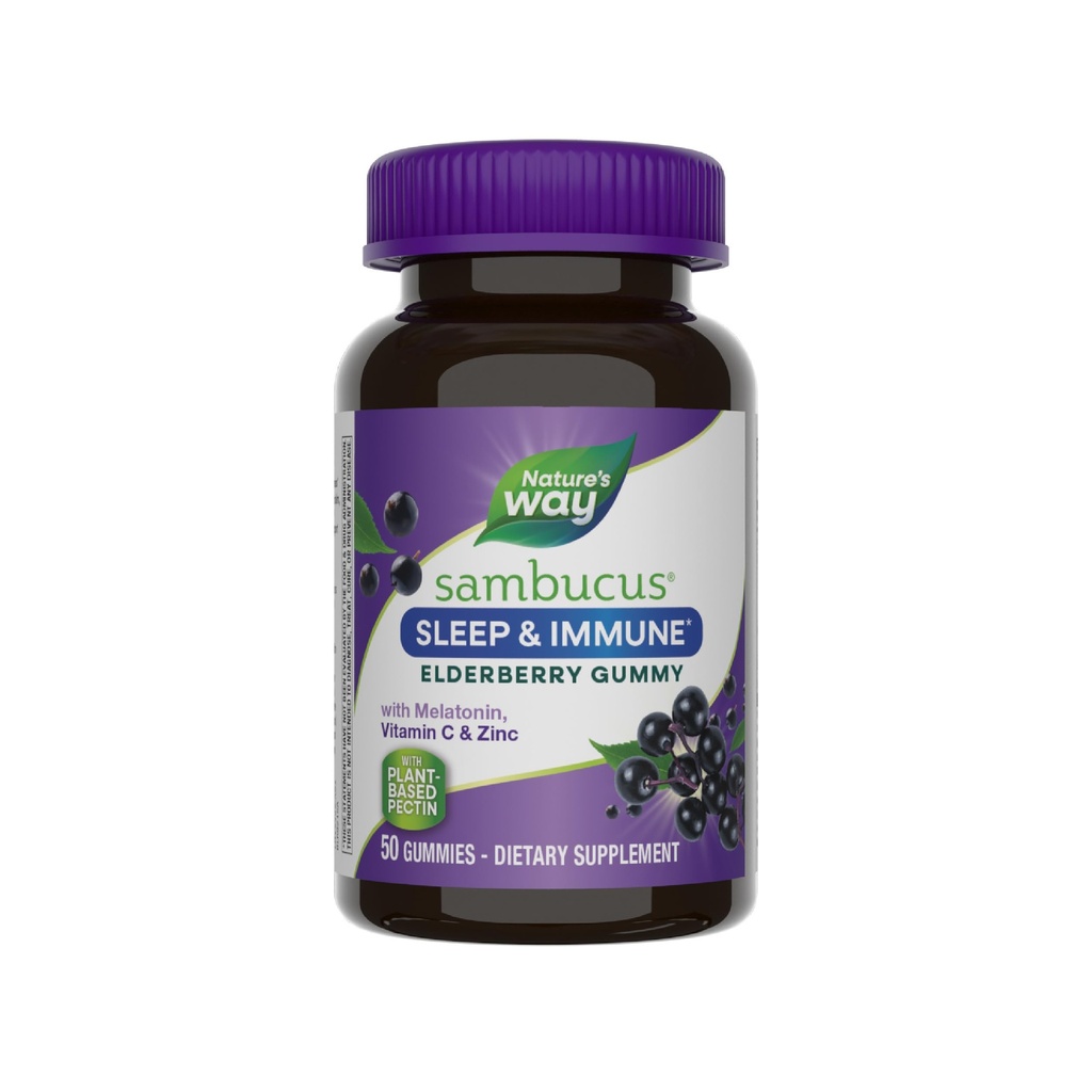 Nature's Way Sambucus Sleep + Immune* Elderberry Gummies, Sleep Support for Adults and Immune Support*, with Melatonin, Vitamin C, L-Theanine, Zinc, 50 Gummies (Packaging May Vary)