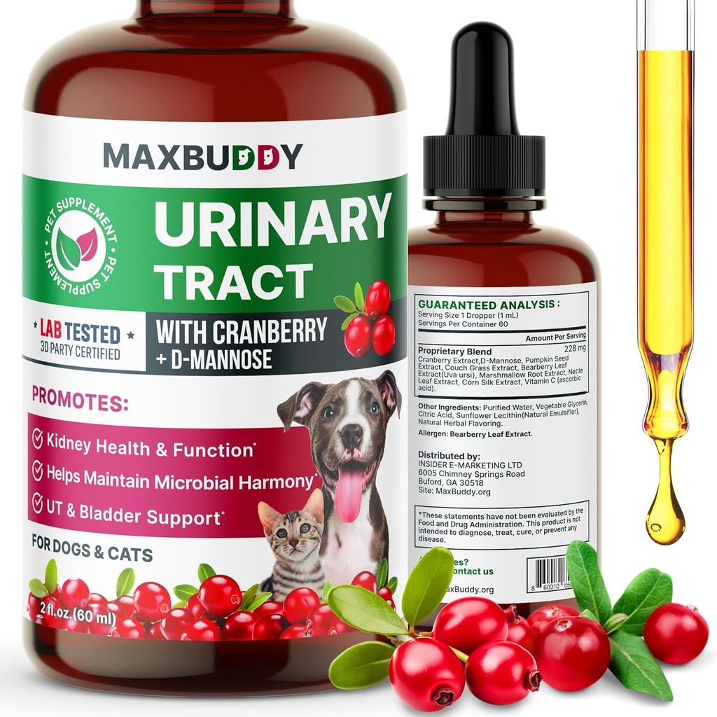 MaxBuddy Natural UTI Tedavisi Desteği - Cranberry Urinary Tract Enfeksiyon Bakım ve Kediler ve Köpekler Yardımı - Kidney & Bladder Wellness Supplement Drops - Urine Flow için Destek