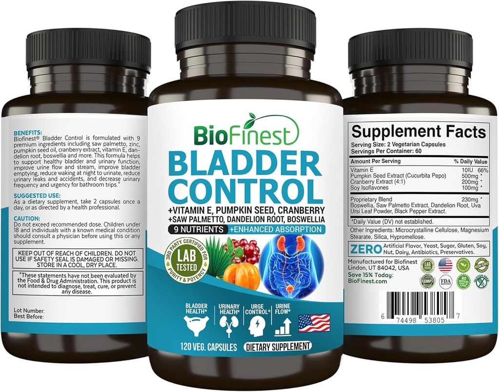 Erkekler ve Kadınlar için BioFinest Bladder Control Supplement - 120 Veg. Capsules - Saw Palmetto, Cranberry, Candy Seed, Vitamin E, Boswellia, Dandelion Root - Urinary Tract Bladder Health - Amerika Birleşik Devletleri'nde Yap
