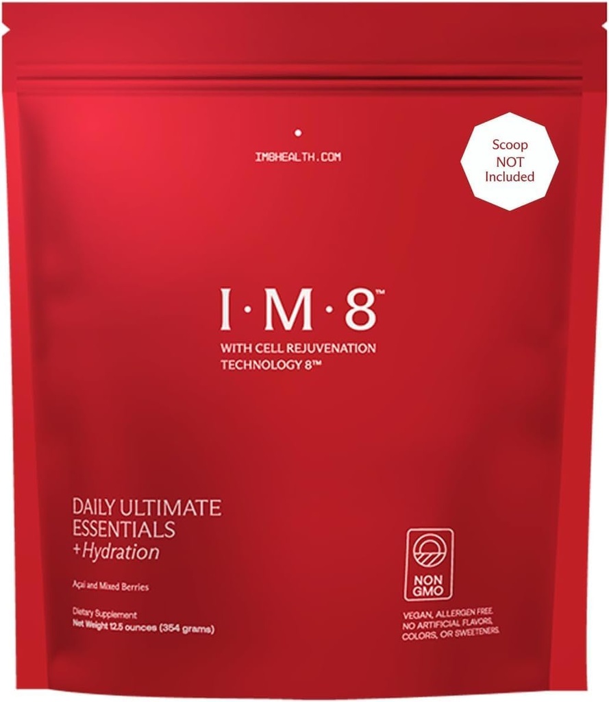 IM8 Daily Ultimate Essentials All-in-1 Multivitamin Supplement, 92 Nutrient Rich Malzemeler CoQ10, Probiyotikler, Vitaminler, Yeşiller, GF, Acai Karma Berry (30 Hizmetler, Refill Pouch)