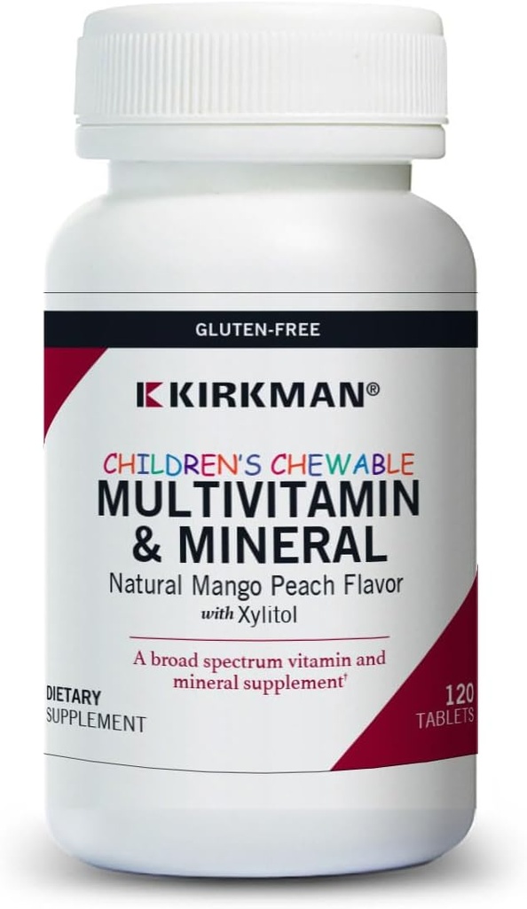 Kirkman - Çocukların Chewable Multivitamin & Mineral - 120 Tablet - Potent Broad-Spectrum Vitamin/Mineral Supplement - Xylitol ile - Doğal Mango Peach Flavor