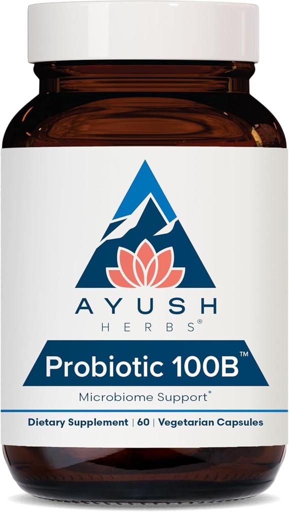 Ayush Herbs Probiyotik 100B - Kadınlar için Probiyotikler, Erkekler için Probiyotikler, Digestive Health, Gas Relief, Gut Microbiome Balance - 60 Vegetarian Capsules (1 Count)