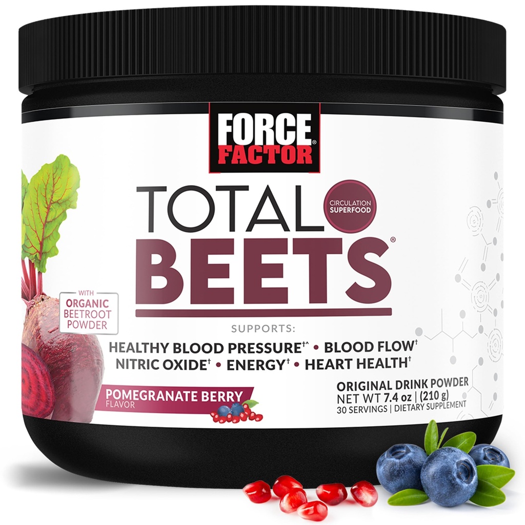 Force Factor Total Beets Drink Mix Superfood Powder με νιτρικά άλατα για την υποστήριξη της κυκλοφορίας, της ροής του αίματος, του νιτρικού οξειδίου, της ενέργειας, της αντοχής, και Stamina, Cardiaγγειακό συμπλήρωμα υγείας της καρδιάς, 30 υπηρεσίες