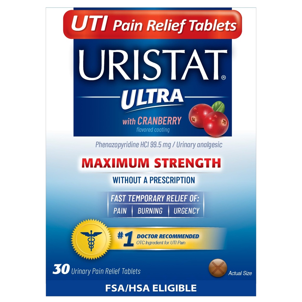 Uristat Ultra Strength UTI Relief Tablets – Ease Urinary Pain, Burning & Urgency, Cranberry Flavor, 30 Count