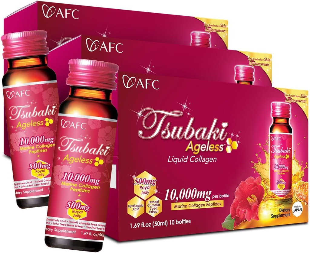 AFC Japonya Tsubaki Yaşsız Güzellik Kolajn Japonya'dan 10.000 mg Marine Collagen. + 500 mg Royal Jelly + Hyaluronic Acid + Vitamin Bs & C for Skin Revitalization 1.69fl.ozx10sx3