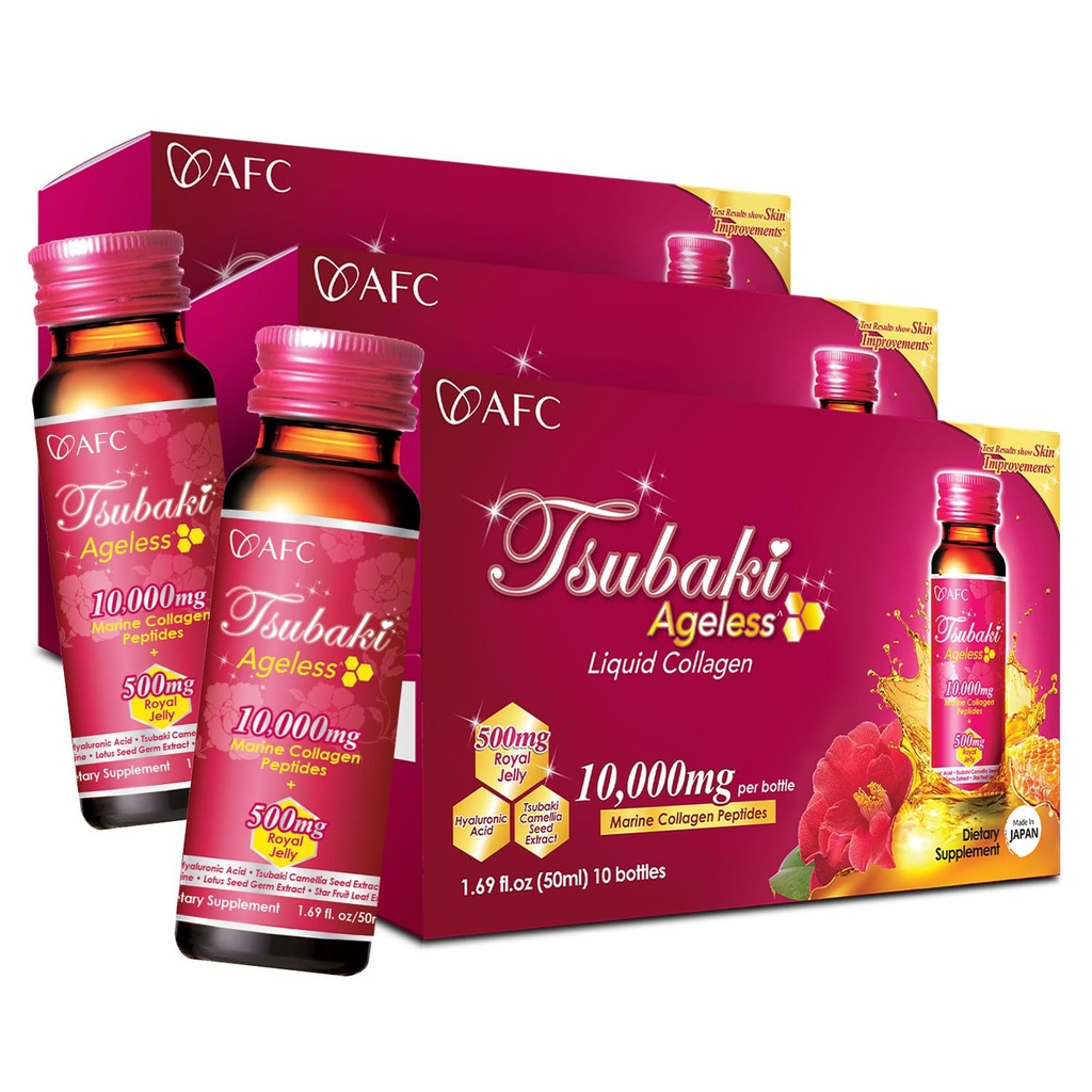 AFC Japonya Tsubaki Yaşsız Güzellik Kolajn Japonya'dan 10.000 mg Marine Collagen. + 500 mg Royal Jelly + Hyaluronic Acid + Vitamin Bs & C for Skin Revitalization 1.69fl.ozx10sx3