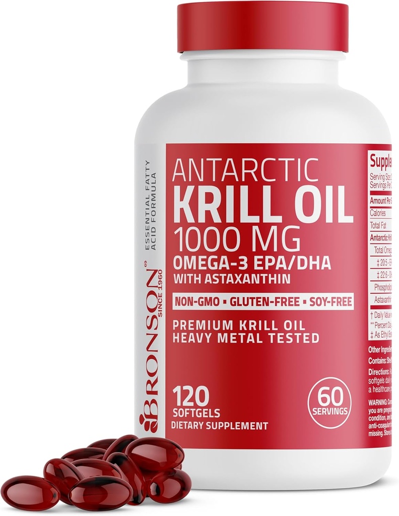 Bronson Antarctic Krill Oil 1000 mg with Omega-3s EPA, DHA, Astaxanthin and Phospholipids 120 Softgels