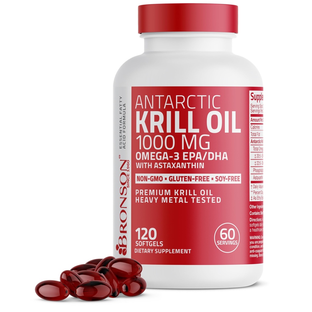 Bronson Antarktika Krill Oil 1000 mg with Omega-3s EPA, DHA, Astaxanthin ve Phospholipids 120 Softgels