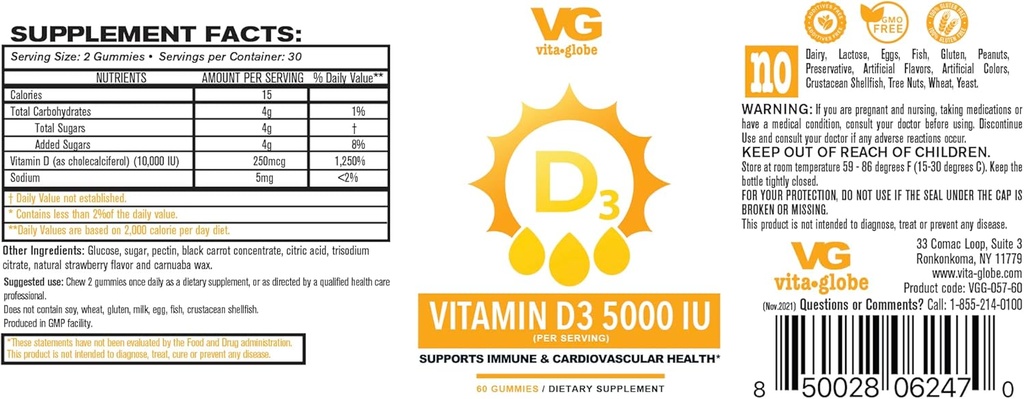 VITA GLOBE Vitamin D3 10.000IU 250 Live ve Echinacea Gummy - Sağlıklı Immune Sistemi, Güçlü Bones, Dişler ve Kaslar, 120 Kont (Pack of 2)