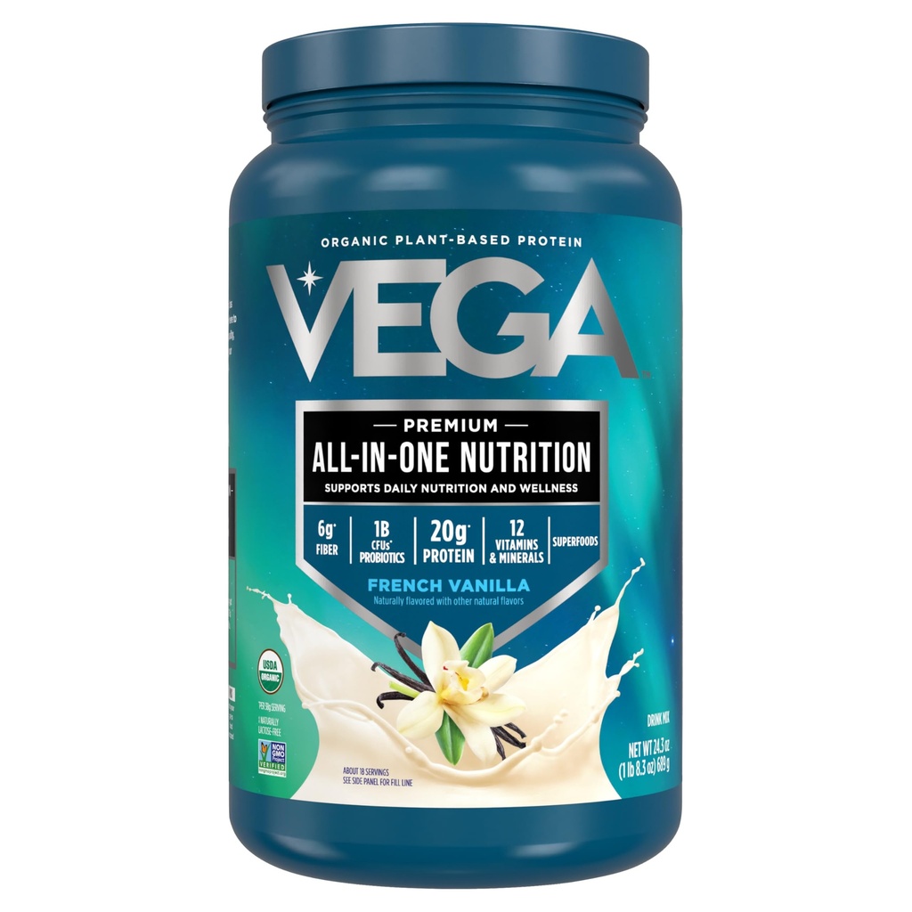 Vega Organic All-in-One Vegan Protein Powder, French Vanilla -Superfood Ingredients, Vitamins for Immunity Support, Keto Friendly, Pea Protein for Women & Men, 1.5 lbs (Pack of 1)