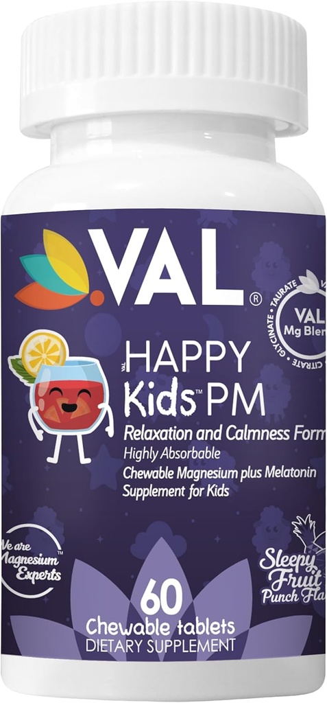 VAL Happy Kids PM – Sugar-Free Chewable Magnezyum with Melatonin | Sleep Support for Children Magnezyum | Glycinate + Citrate + Taurate | B6, C | Fruit Punch | 60 Tablet | Non-GMO