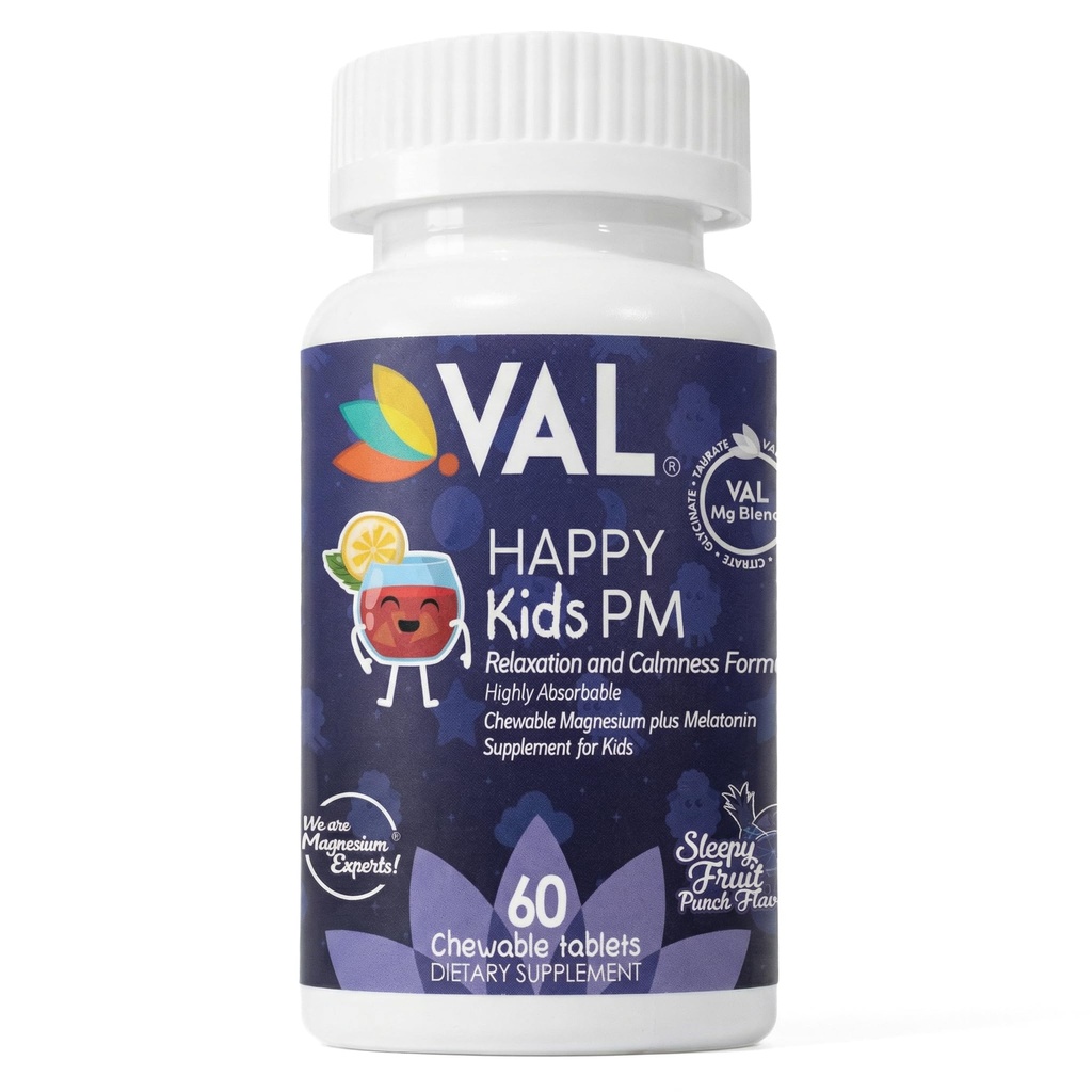 VAL Happy Kids PM – Sugar-Free Chewable Magnezyum with Melatonin | Sleep Support for Children Magnezyum | Glycinate + Citrate + Taurate | B6, C | Fruit Punch | 60 Tablet | Non-GMO